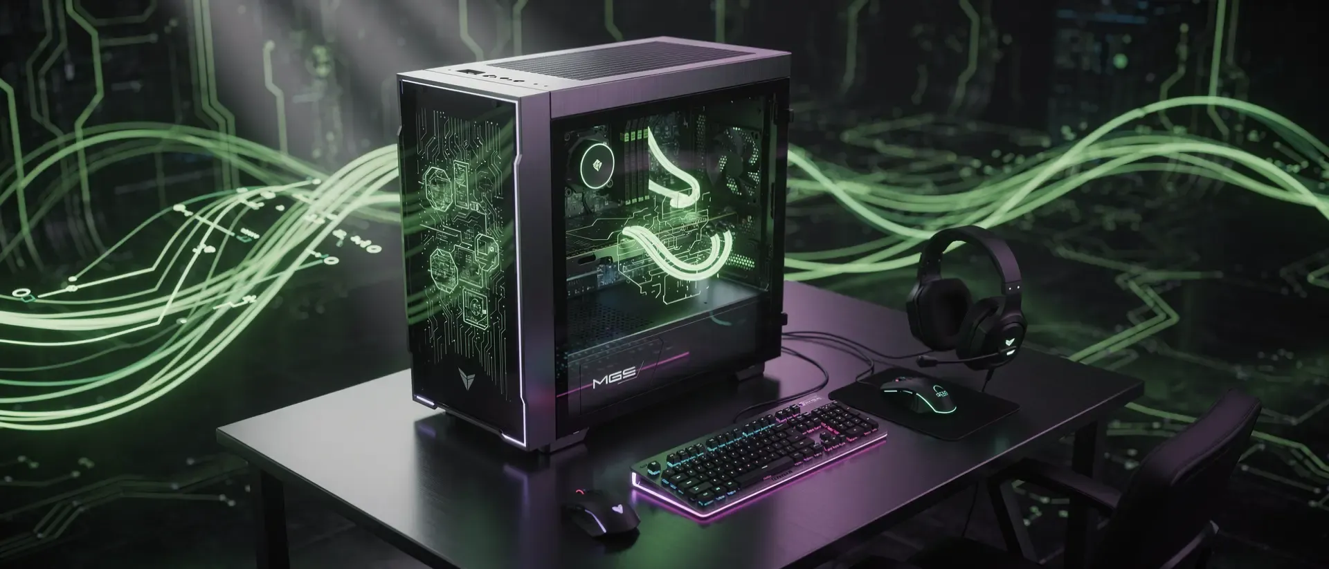 Futuristisches Gaming-PC-Setup im Cyberpunk-Stil mit leuchtend neongrünen Lichtspuren, holografischen Elementen und metallischem Design vor dunklem Hintergrund.