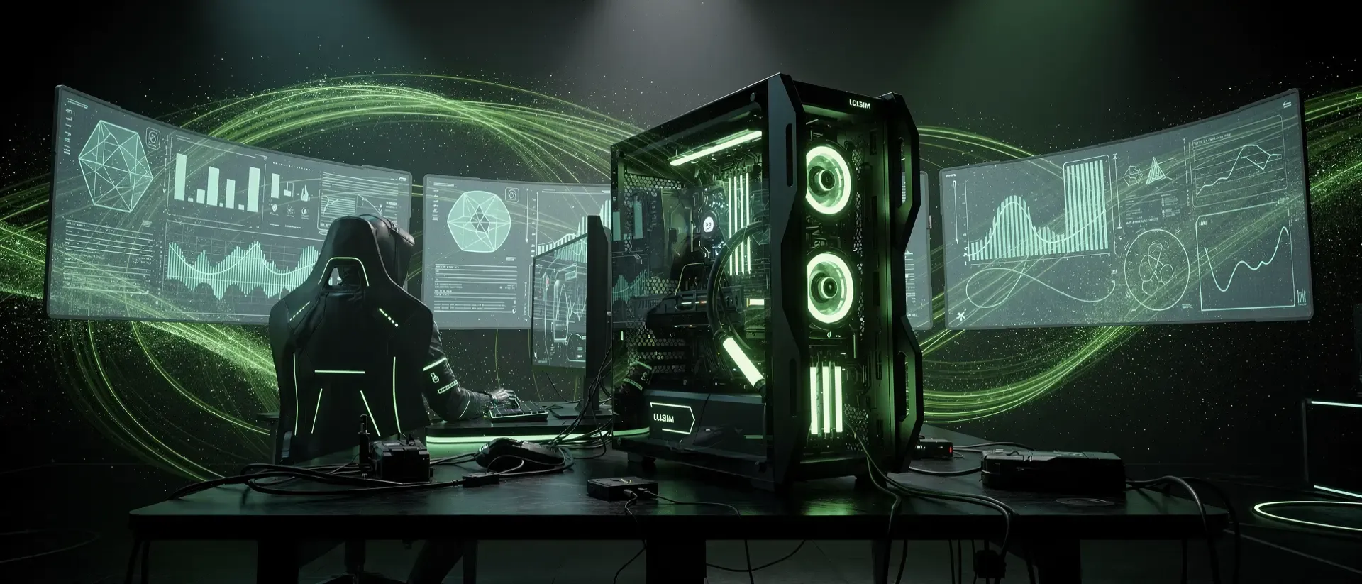 Futuristische Cyberpunk-Gaming-Station mit neon-grünen Lichteffekten, holografischen Displays und der Silhouette eines Gamers in dunkler Umgebung.