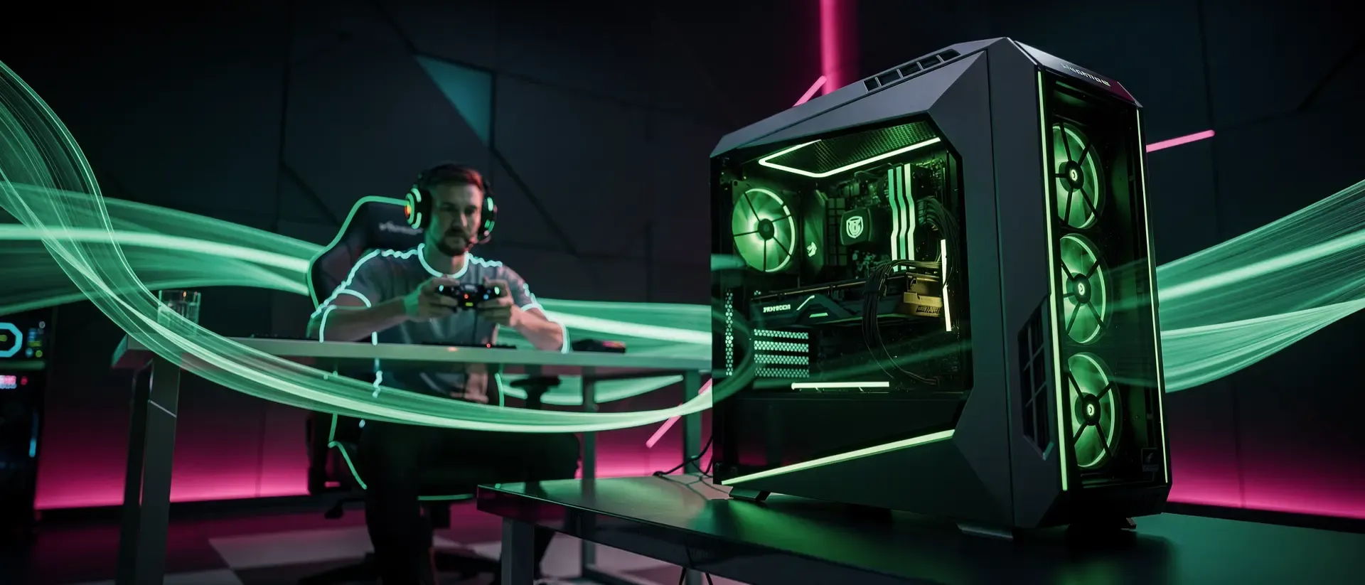 Ein Gamer mit Headset in einem futuristischen, neon-grünen Cyberpunk-Zimmer mit einem High-End-Gaming-PC und holografischen Lichteffekten.