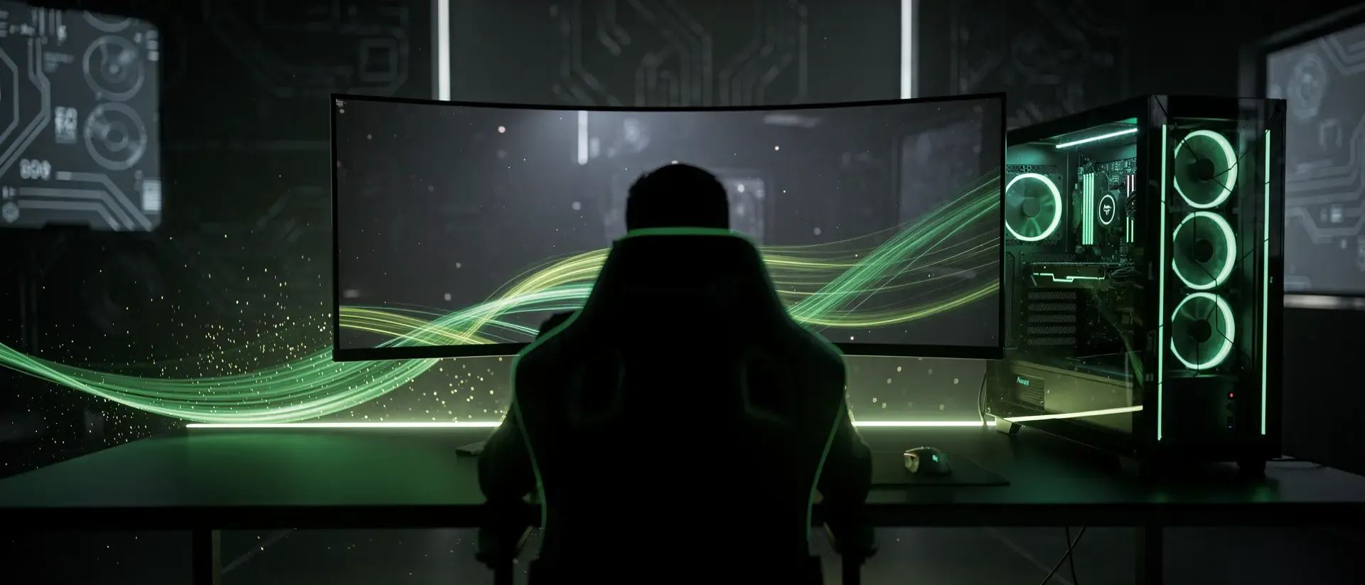 Ultrawide-Gaming-Station mit futuristischem PC, Monitor und Streamer-Silhouette vor dunklem Hintergrund mit leuchtend neongrünen Lichtspuren.