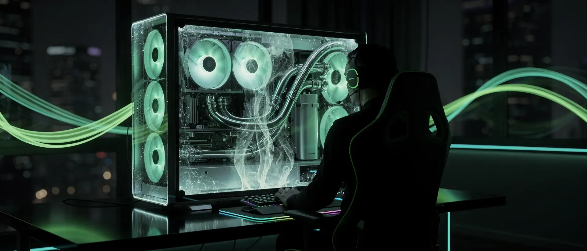 Futuristisches Gaming-Setup im 21:9-Format mit neongrünen Lichteffekten, glühenden Kühlpaneelen und einer Cyberpunk-Ästhetik vor dunklem Hintergrund.