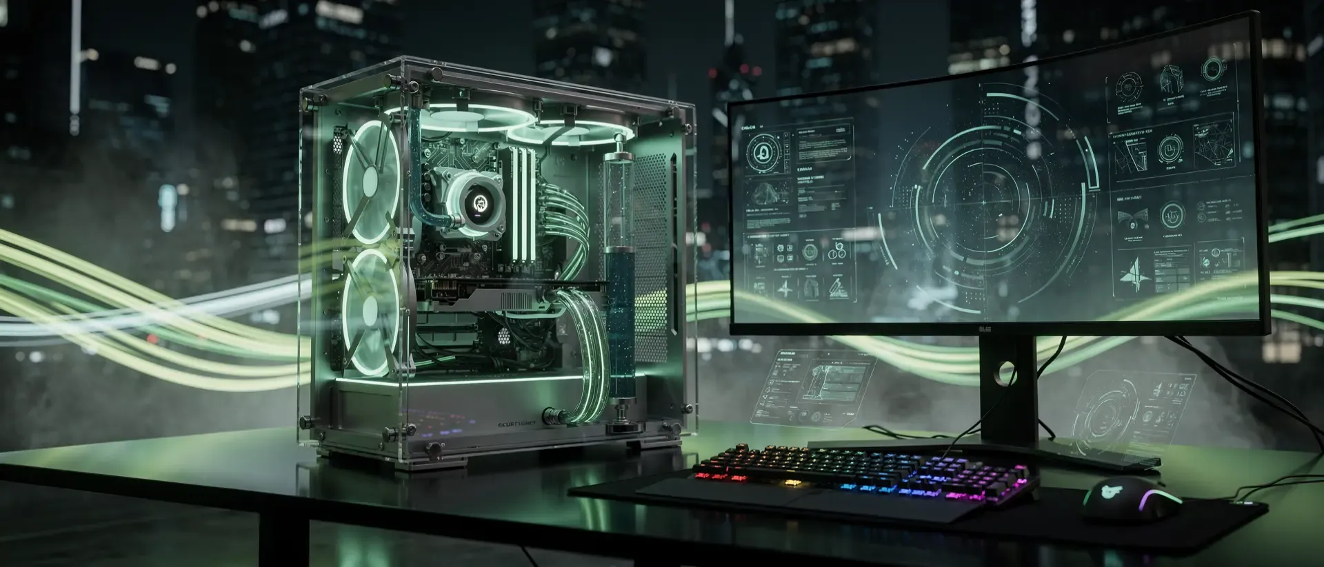 Futuristischer Gaming-PC mit transparentem Gehäuse und holografischem Interface in einer dunklen Cyberpunk-Umgebung mit leuchtend grünen Neon-Lichtspuren.