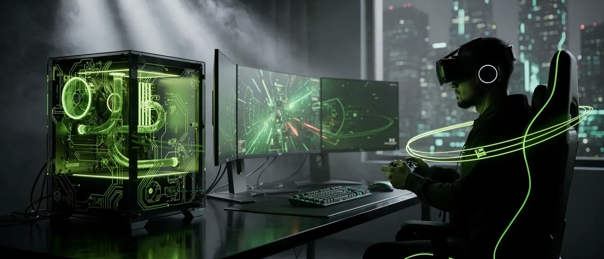 Futuristisches Gaming-Setup in Cyberpunk-Optik mit neon-grünen Lichtakzenten, Hologrammen und einer Silhouette eines Streamers vor einer Stadt.