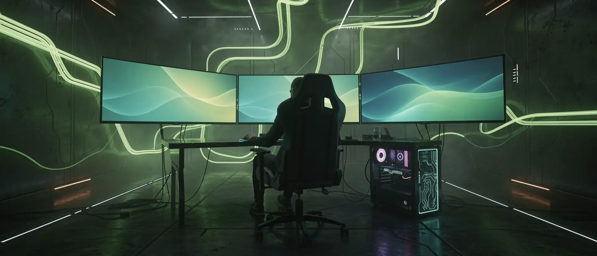 Ein Gamer in einem futuristischen Stuhl vor mehreren Monitoren in einer Cyberpunk-Szenerie mit leuchtend neongrünen Lichtspuren und Schaltmustern.