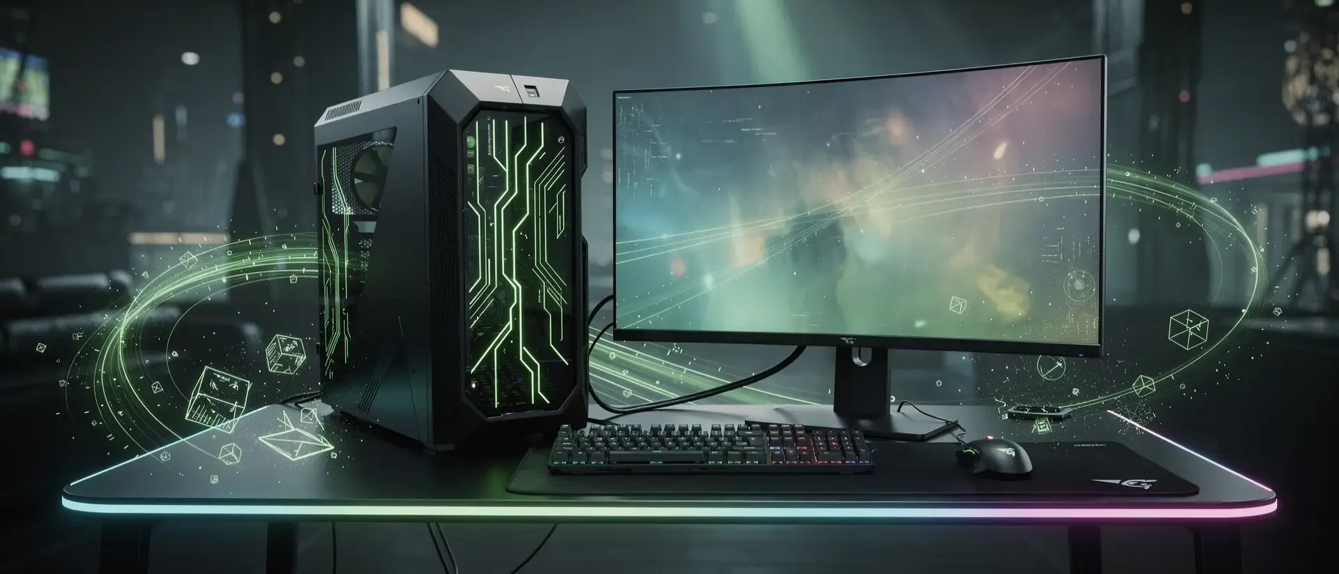 Ein futuristischer Cyberpunk-Gaming-Arbeitsplatz mit mattem Gehäuse, neongrünen Schaltkreis-Leuchten, Hologrammen und einem transparenten Monitor.
