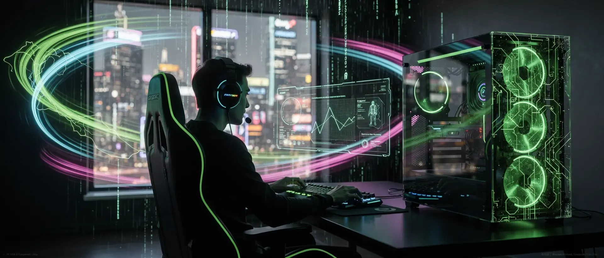 Ein futuristischer Gamer in einem dunklen High-Tech-Studio mit neon-grünen Schaltkreisen, holografischen Anzeigen und dynamischen Lichteffekten.