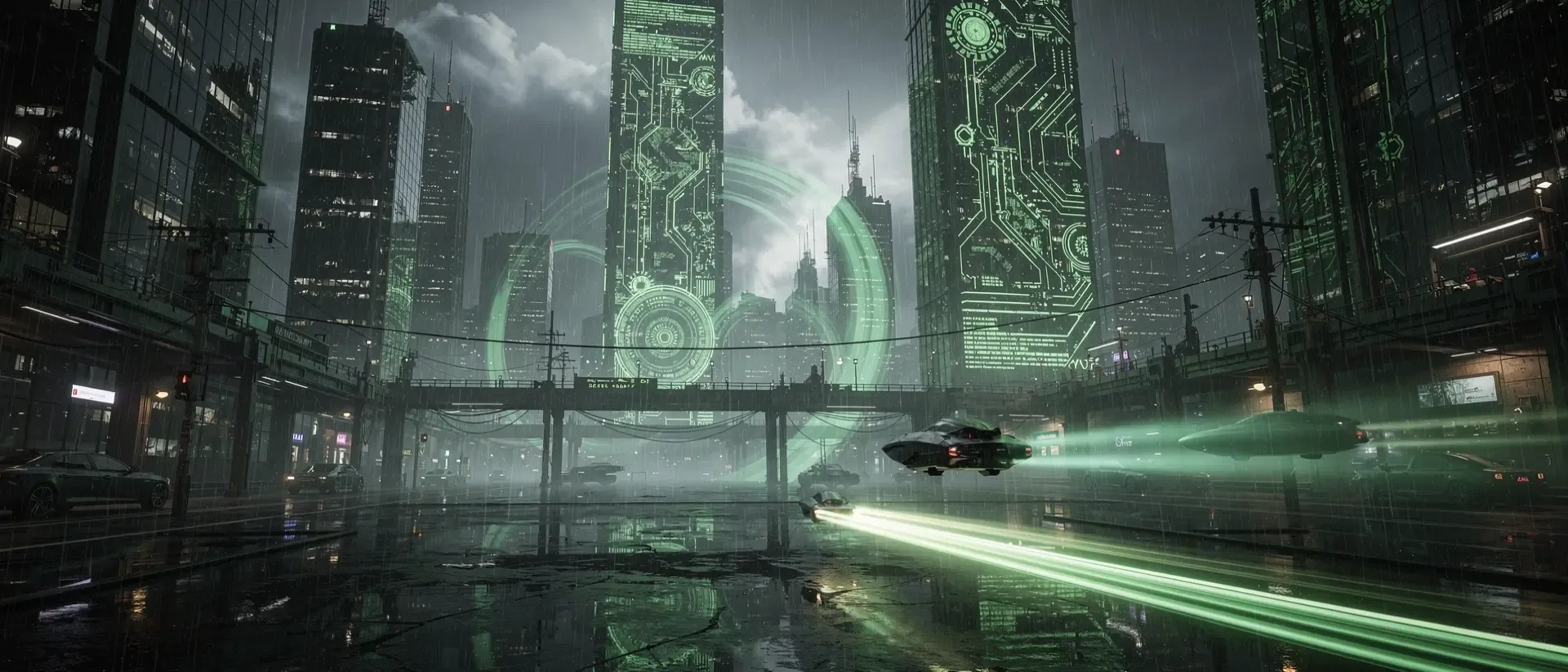 Cyberpunk-Nachtlandschaft im Regen mit leuchtenden grünen Datenströmen, holografischen Schaltkreisen und fliegenden Hovercrafts in nebligem Licht.