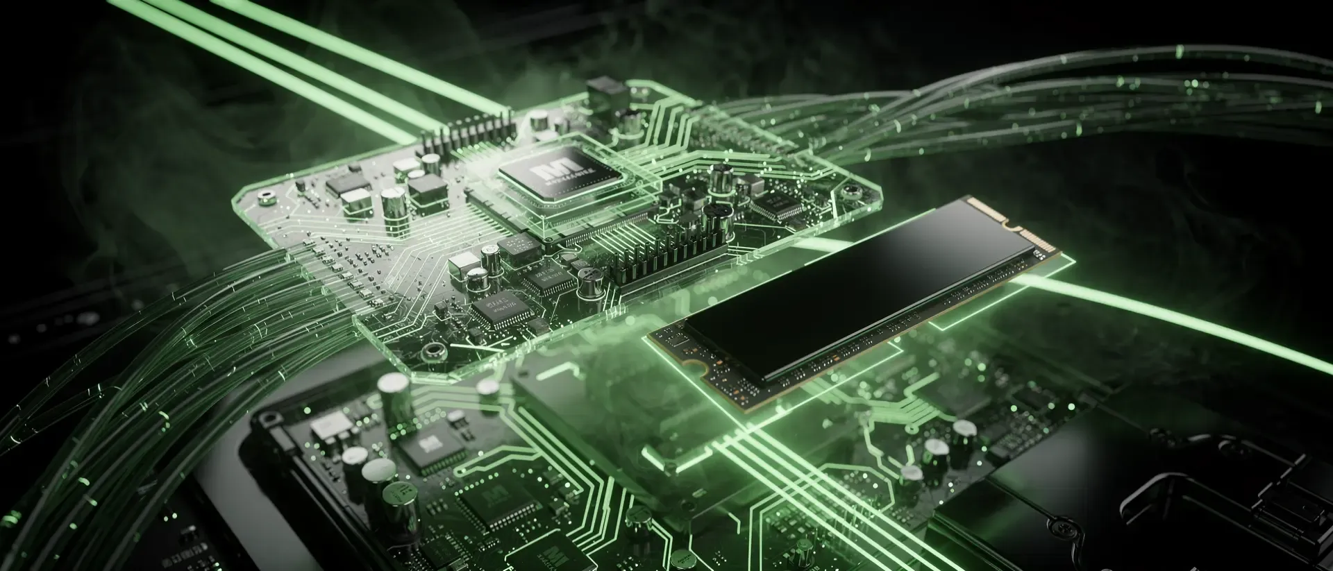 Schwebende Hologramm‑Motherboard und leuchtende NVMe‑SSD umgeben von neon‑grünen Laserlinien im schwarzen Void.