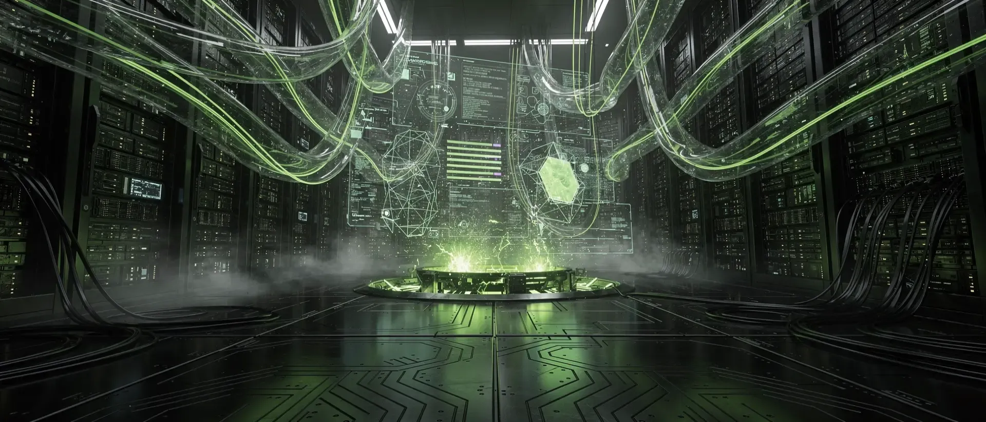 Futuristisches Cyberpunk-Rechenzentrum mit leuchtend neongrünen Lichtspuren in transparenten Glasfasern und einem zentralen Quantenprozessor.