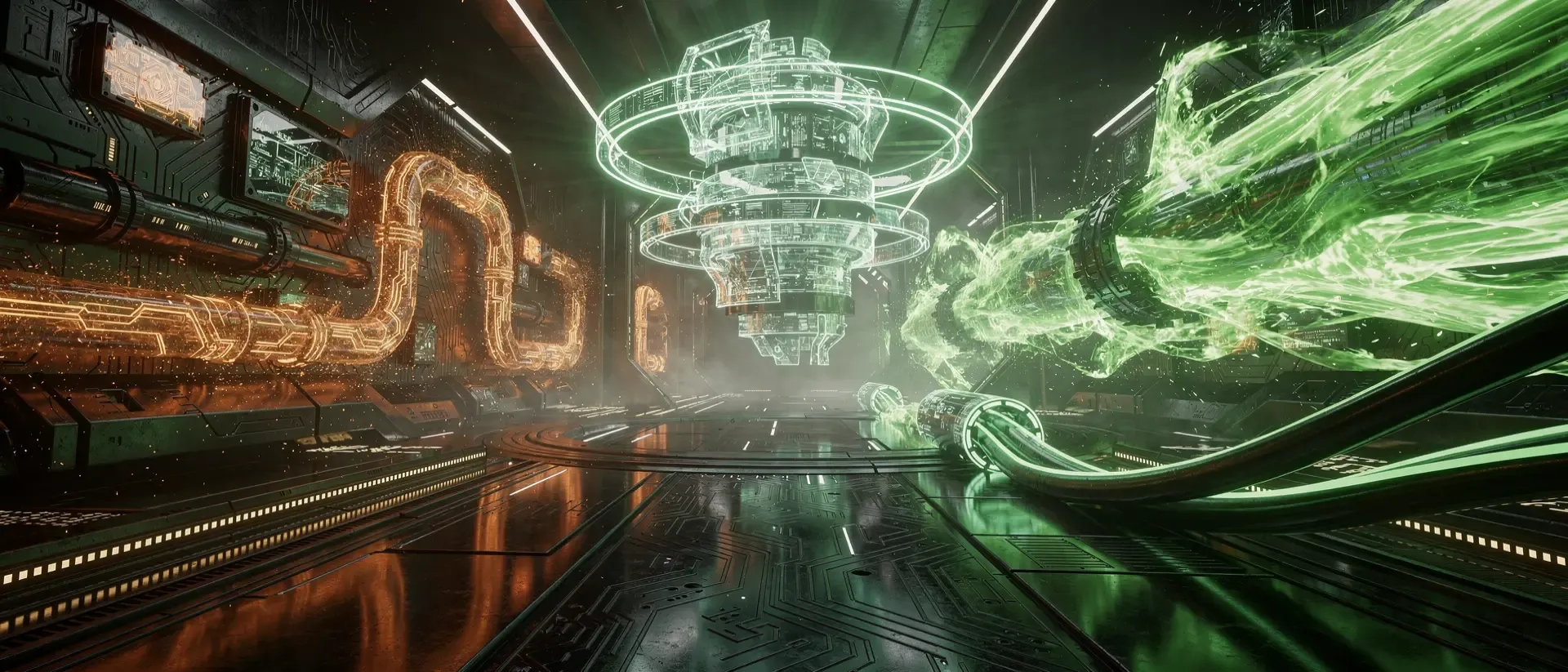 Ein futuristischer Cyberpunk-Datenkorridor mit orangefarbenen Schaltkreisen links und einem schnellen neon-grünen Lichtstrom, der in einen Kern fließt.