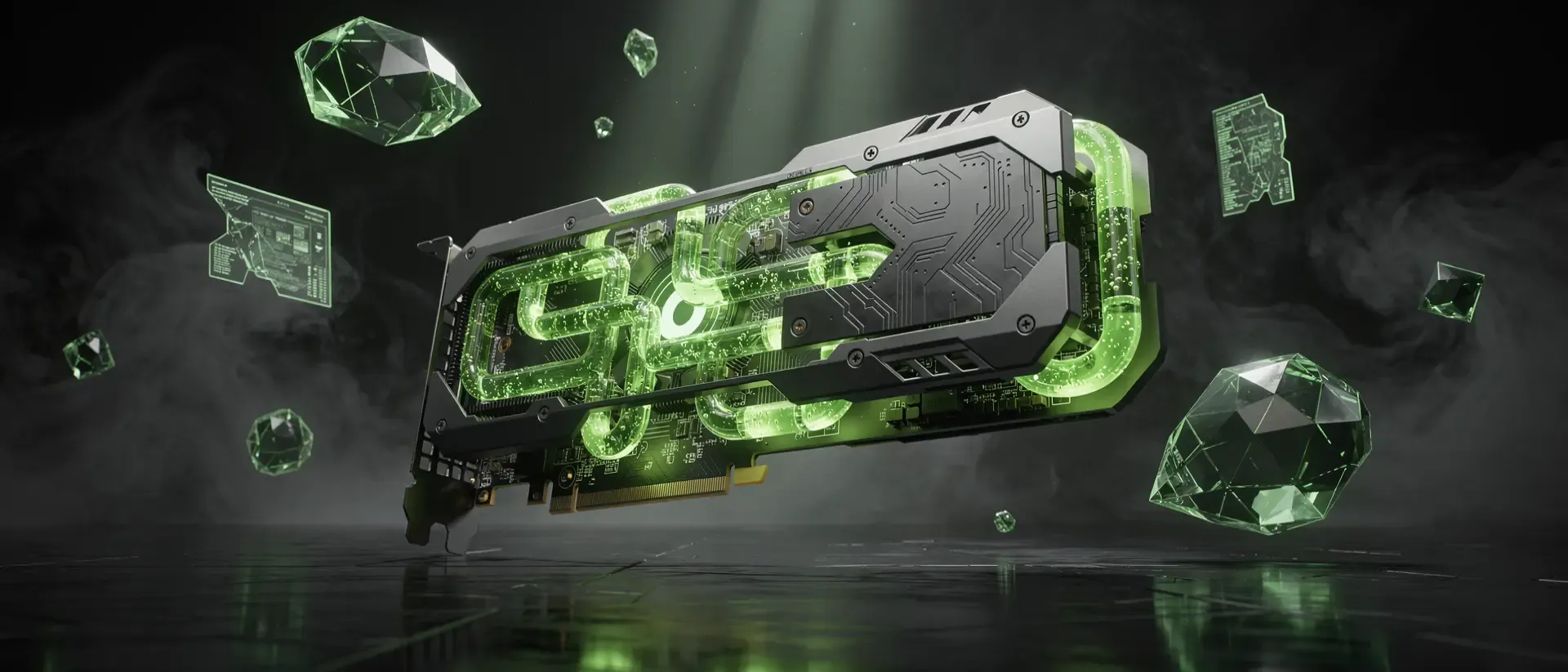 Eine futuristische Grafikkarte mit leuchtend neongrünen Schaltmustern und flüssiger Kühlung schwebt in einem dunklen, rauchigen Cyberpunk-Szenario.