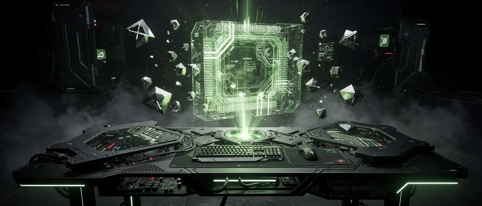 Futuristische Cyberpunk-Gaming-Station mit einem leuchtenden, neongrünen holografischen Prozessorkern und schwebenden digitalen Datenfragmenten.