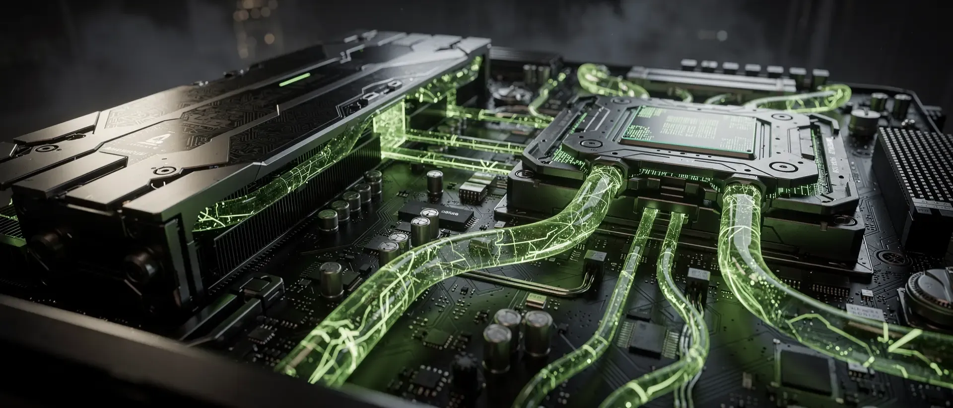 Cinematische Cyberpunk-Hardware mit einer futuristischen GPU und CPU, die durch leuchtend neongrüne Energieleitungen auf einer dunklen Platine verbunden sind.