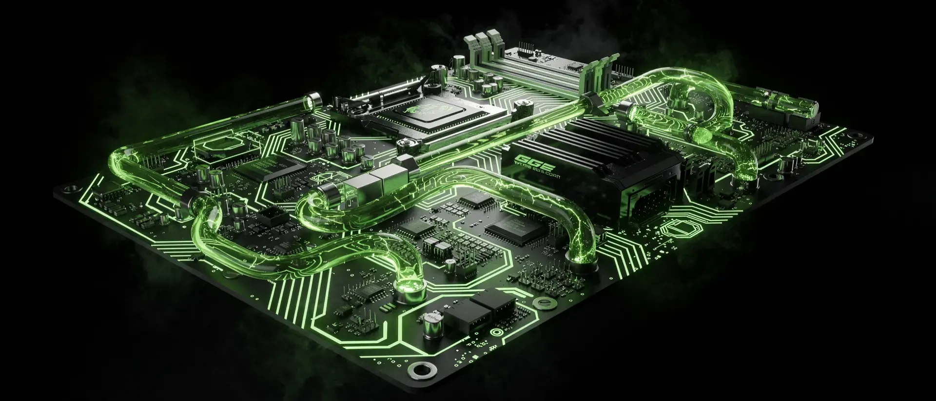 Eine futuristische High-Tech-GPU-Platine schwebt in einer dunklen Leere, durchzogen von leuchtenden, neongrünen Schaltmustern und digitalen Energieflüssen.