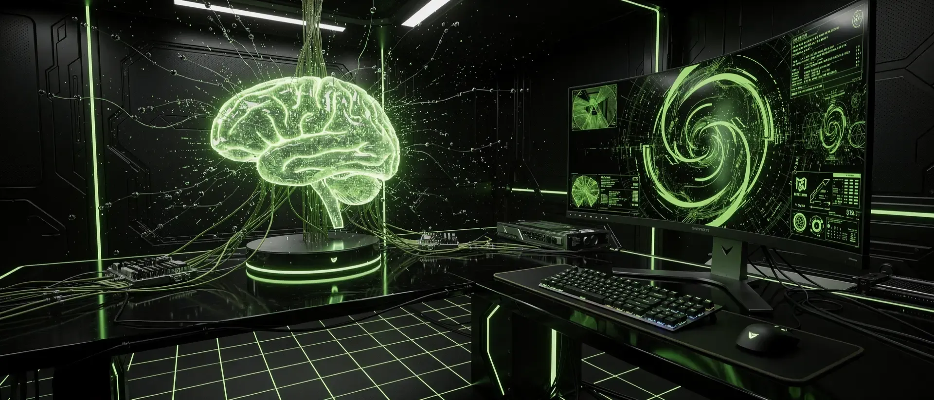 Cyberpunk-Arbeitsplatz mit einem leuchtenden, neongrünen holografischen Gehirn und einem Gaming-Setup in einer dunklen, futuristischen Umgebung.