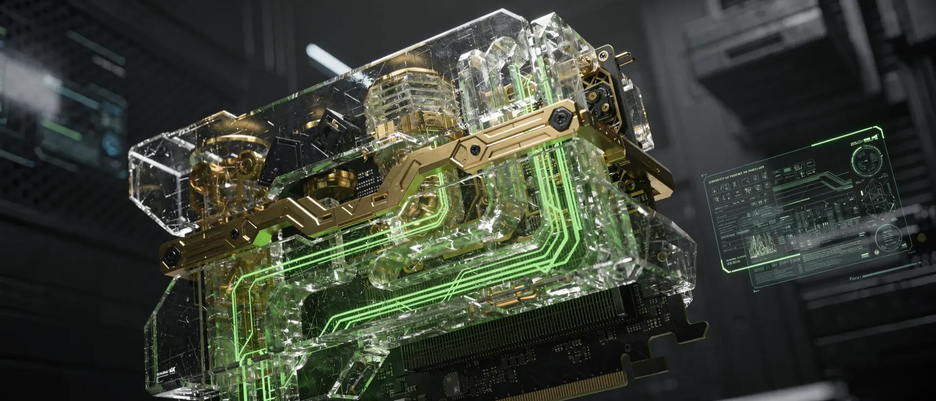 Nahaufnahme einer futuristischen Cyberpunk-GPU mit transparenten Kühlkörpern, glühenden grünen Schaltkreisen und schwebenden Hologrammen.