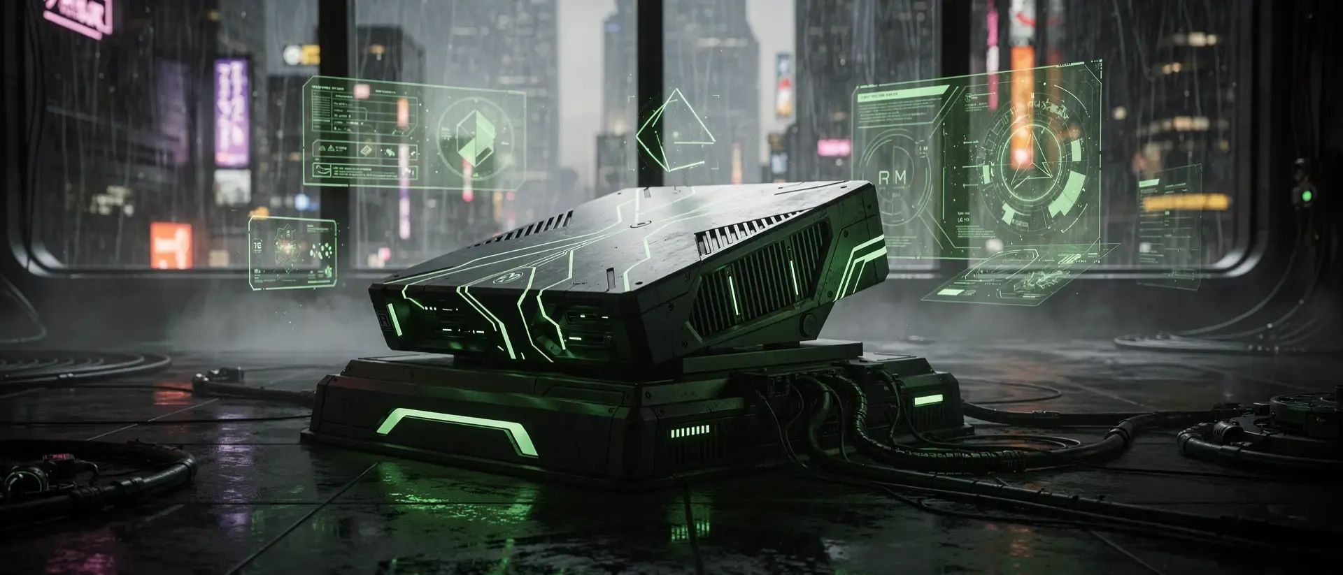 Cyberpunk-Gaming-Setup mit neongrüner Hardware und holografischen Interfaces in einem dunklen, futuristischen Raum vor einer regnerischen Skyline.