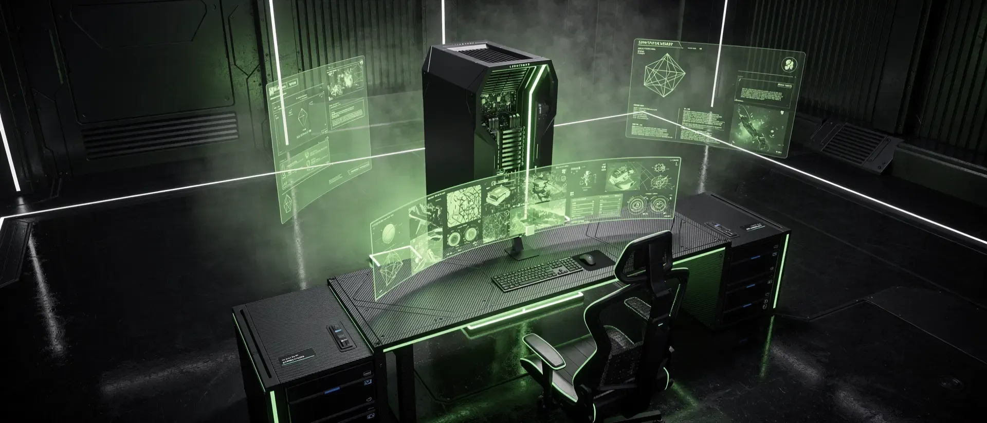 Futuristische Cyberpunk-Gaming-Ecke mit einer obsidianfarbenen Konsole, die in neongrünem Licht und holografischen Datenströmen erstrahlt.