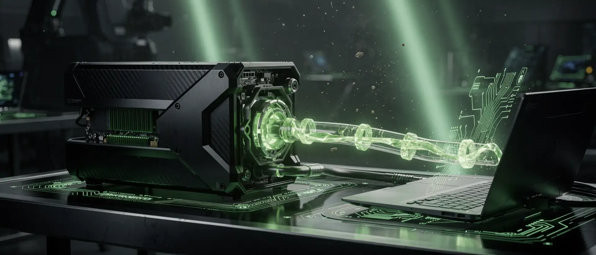 Futuristisches Cyberpunk-Labor mit einem schwarzen GPU-Gehäuse, das über ein leuchtend grün pulsierendes Kabel mit einem Laptop verbunden ist.