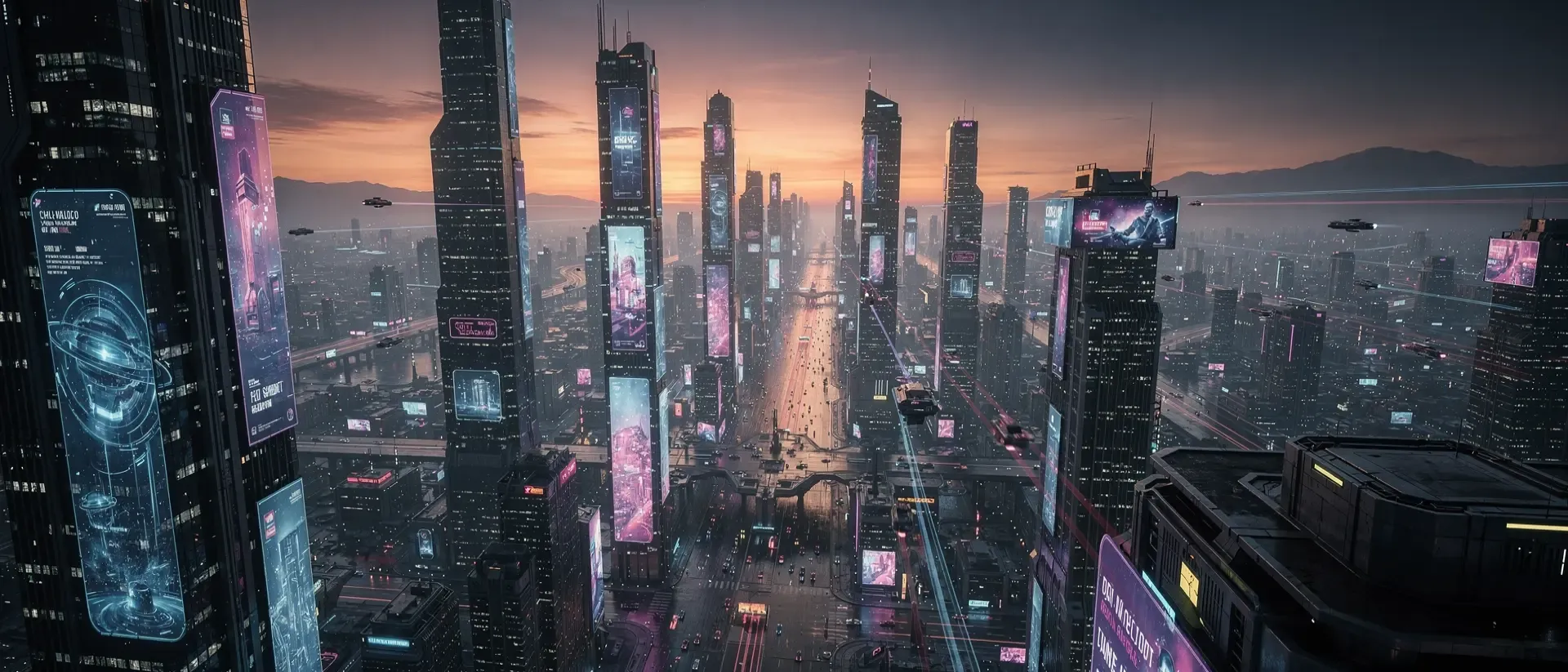Ein kinoreifer Ultrawide-Shot einer futuristischen, technologisch fortgeschrittenen Landschaft in einem weiten 21:9-Format.
