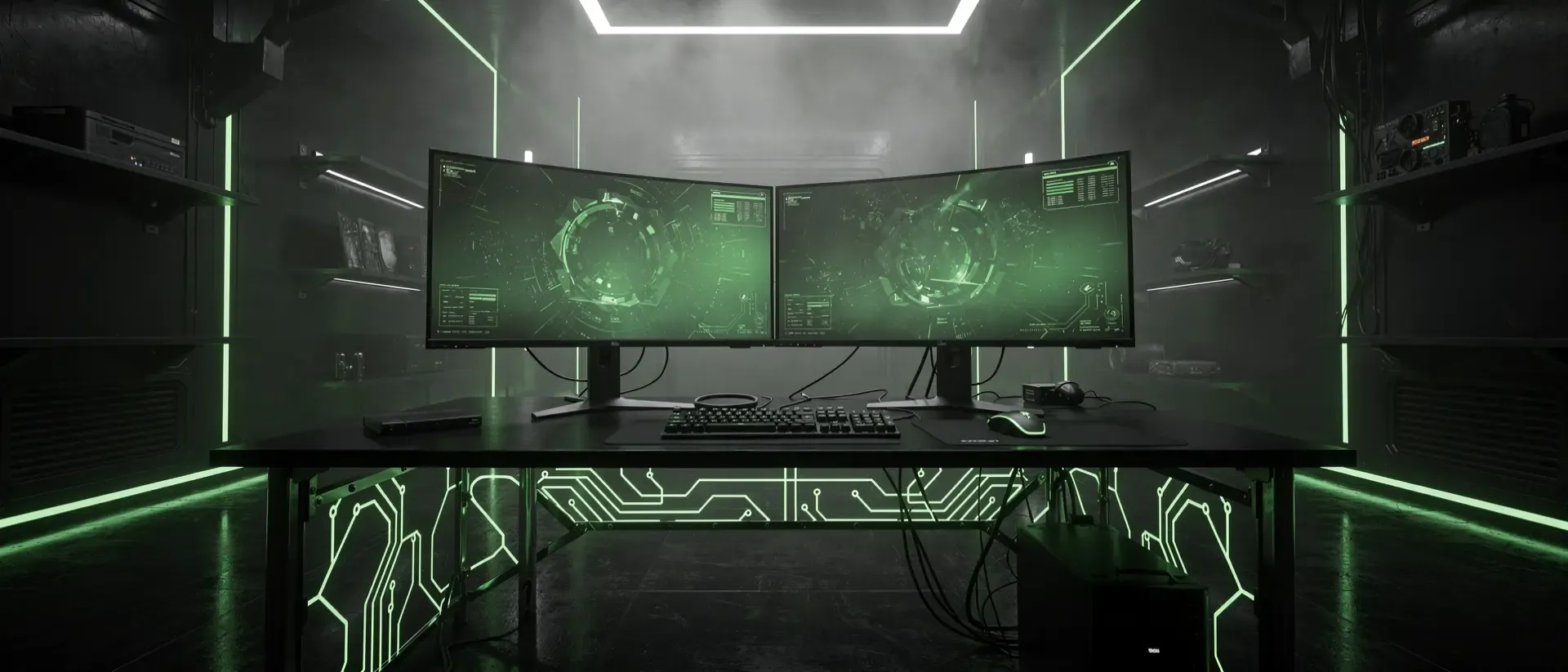 Cyberpunk-Arbeitsplatz in einem dunklen Raum mit zwei gebogenen Monitoren und leuchtenden neongrünen Akzenten auf einem mattschwarzen Schreibtisch.