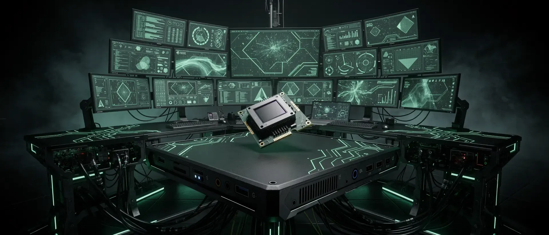 Futuristische Cyberpunk-Arbeitsstation mit holografischem Interface und leuchtend neongrünen Schaltkreis-Mustern auf mattem, schwarzem Metall.