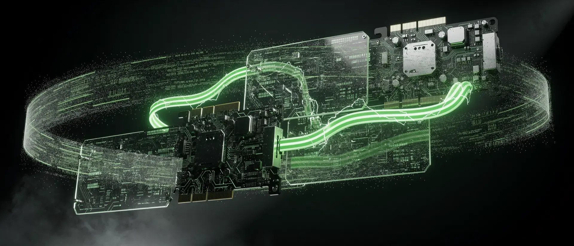 Futuristisches Cyberpunk-Labor mit schwebenden GPU-Komponenten, neon-grünen Energieleitungen und holografischen Datenströmen in einer dunklen Leere.