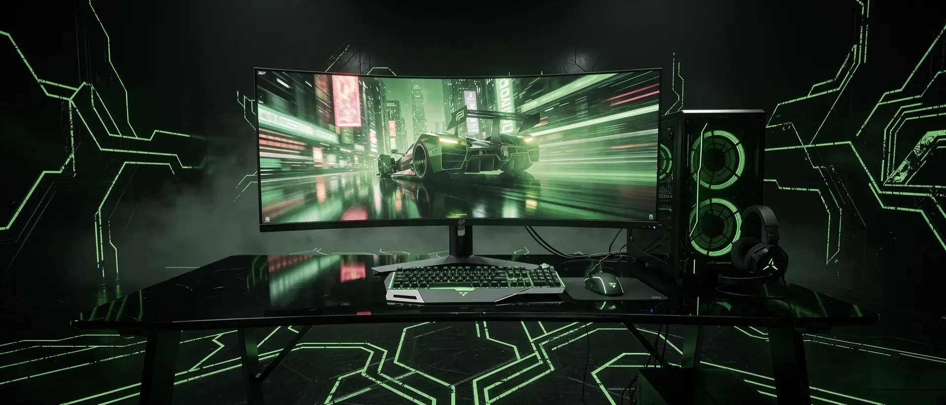 Ein futuristischer Gaming-Arbeitsplatz in einer dunklen Cyberpunk-Umgebung mit einem leuchtenden Ultra-Wide-Monitor in giftgrünem Neonlicht.