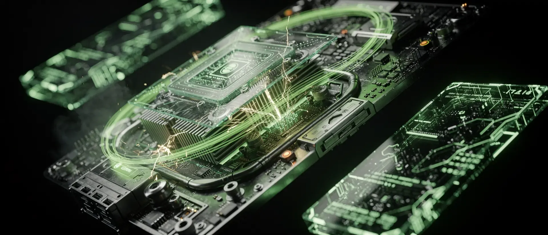 Cinematische Makroaufnahme futuristischer Computerhardware mit schwebenden holografischen Schaltkreisen und leuchtend neongrünen Lichteffekten.
