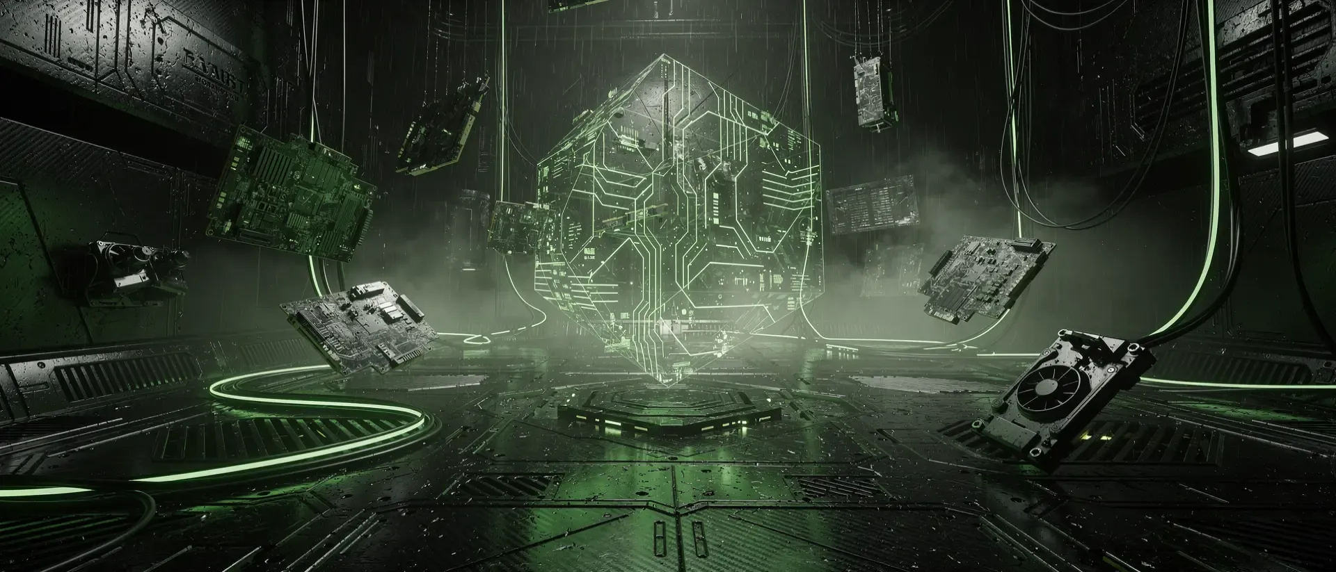 Futuristisches Cyberpunk-Labor mit einem schwebenden, neon-grünen holografischen Interface aus geometrischen Datenknoten in einer dunklen, technoiden Umgebung.