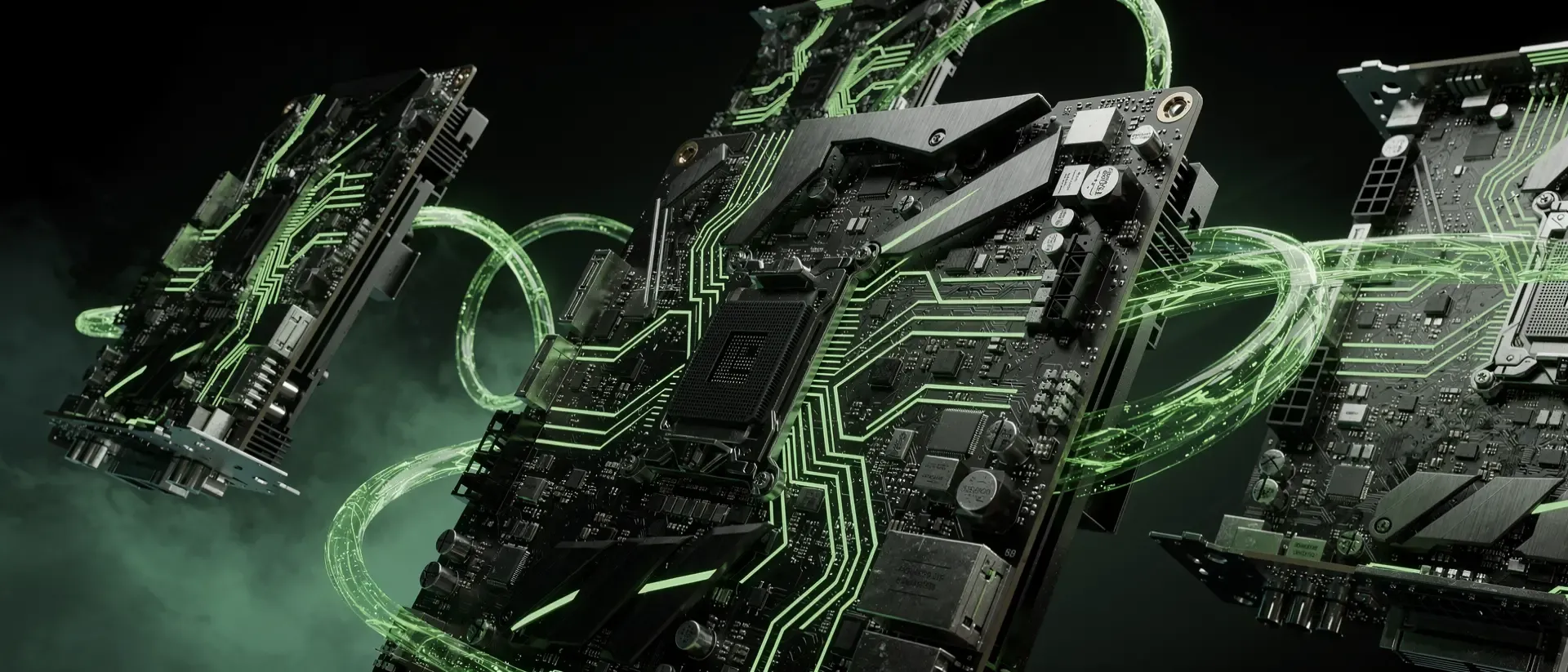 Cinematische Nahaufnahme von schwebenden High-Tech-GPUs und Schaltkreisen mit leuchtend neongrünen Linien auf mattem Kohlefaser-Design in dunkler Sci-Fi-Optik.