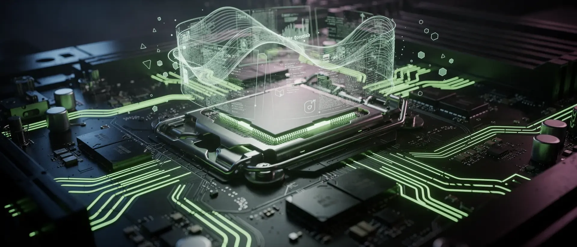 Nahaufnahme einer futuristischen Cyberpunk-Platine mit leuchtend neongrünen Schaltkreisen, holografischen Datenströmen und metallischen Komponenten.