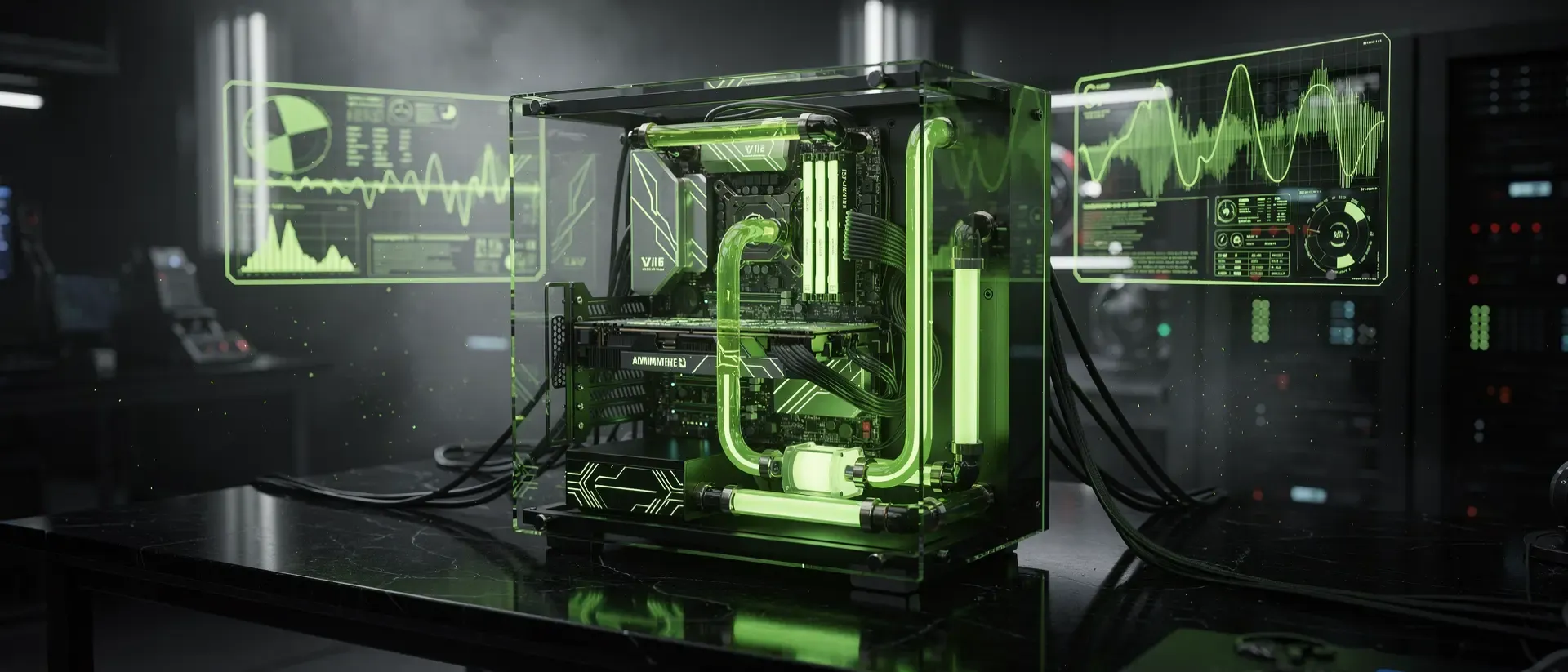 Ein futuristisches Cyberpunk-PC-Setup in einem Labor mit neongrüner Beleuchtung, Flüssigkeitskühlung und schwebenden holografischen Datenvisualisierungen.