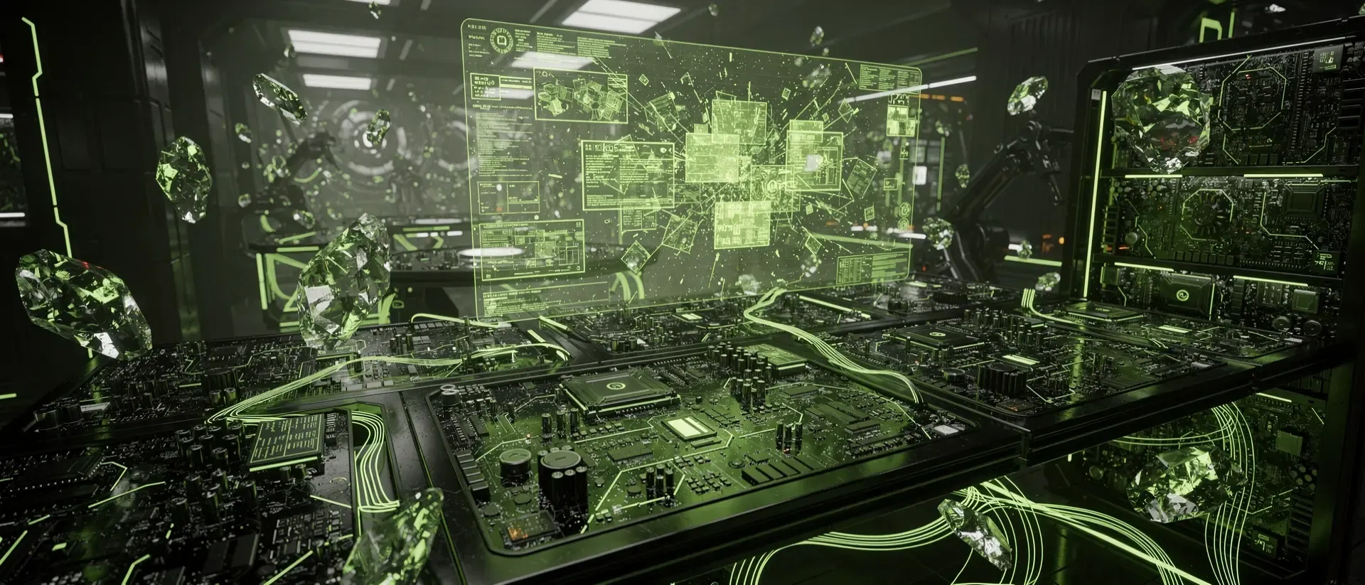 Futuristisches Cyberpunk-Labor mit leuchtend neongrünen Schaltkreismustern, holografischen Datenströmen und schwebenden kristallinen Speichermodulen.