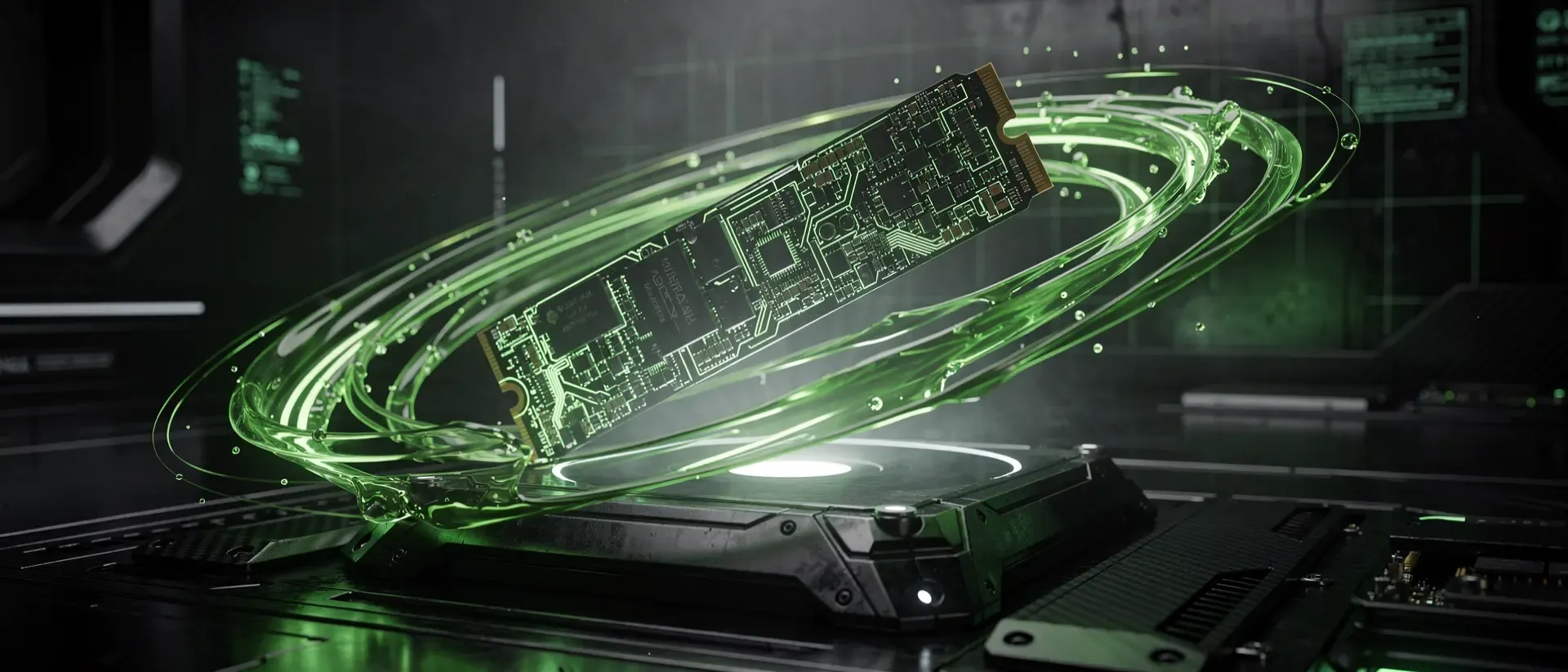 Eine futuristische M.2 SSD schwebt in einem dunklen Cyberpunk-Labor, umgeben von leuchtenden, neongrünen Datenströmen und glühender Schaltkreise.