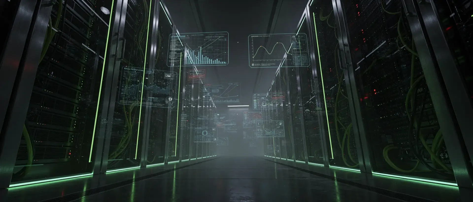 Cyberpunk‑Stadtpanorama mit neongrünen Serverracks, metallisch glänzenden Oberflächen, Nebel, niedriger Blickwinkel, cinemisches Licht.