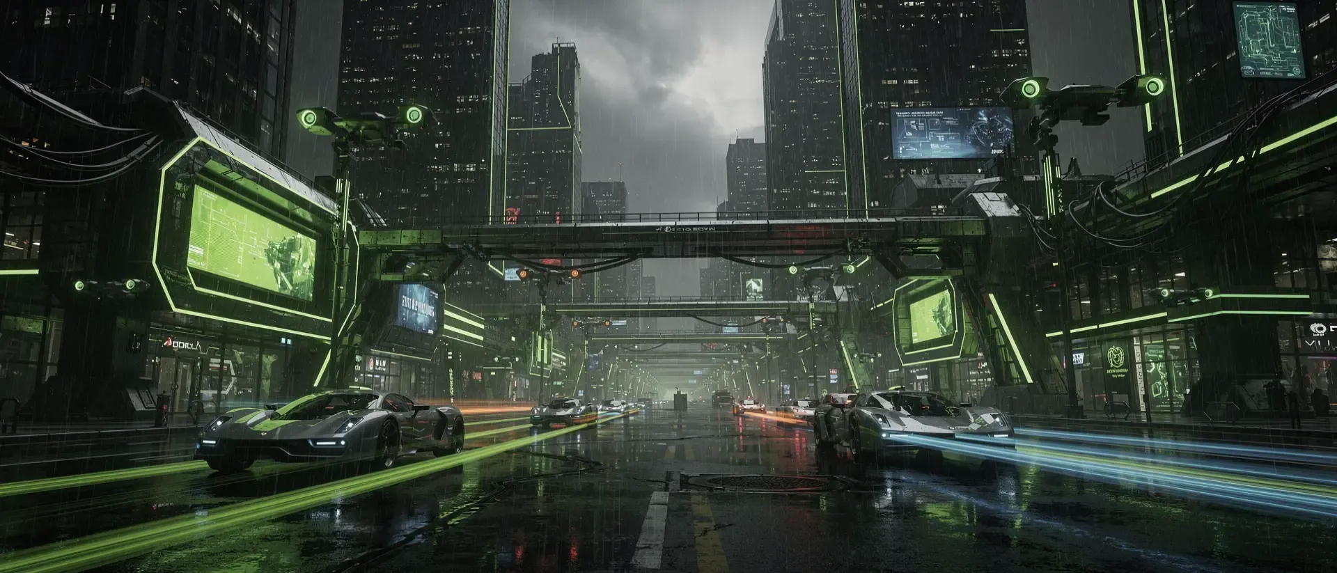 Ultrabreites Nachtbild einer Cyber‑City mit regennassen Hochhäusern, grün leuchtenden Neon‑Panels, schwebenden Drohnen und glitschigen Straßen.