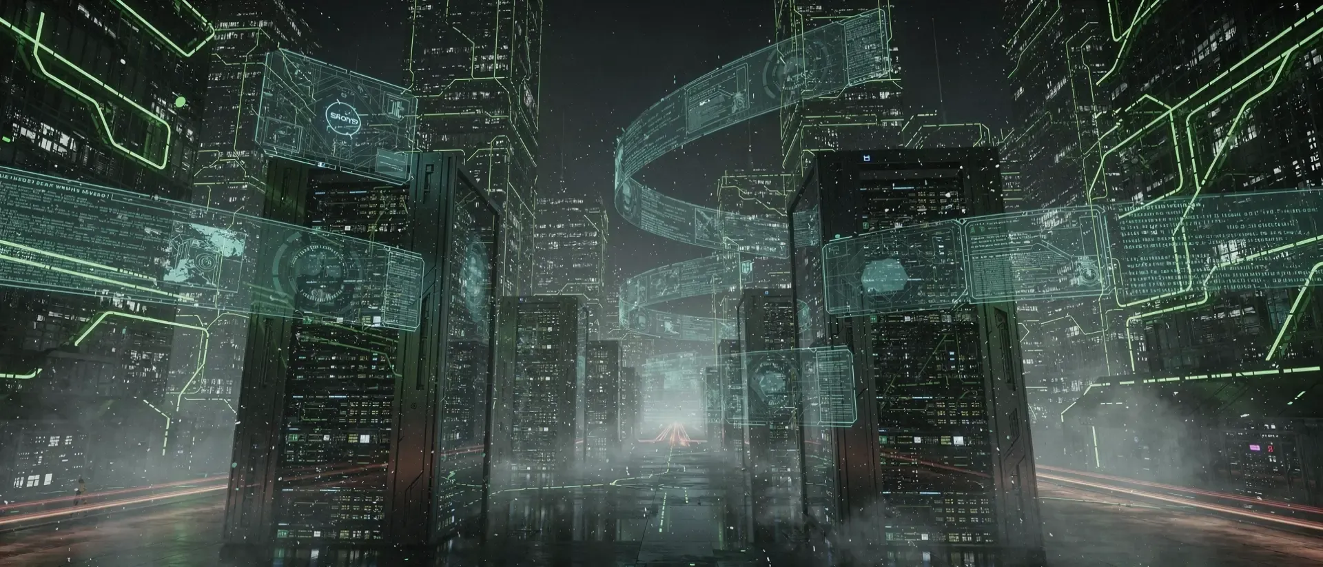 Futuristische Cyberpunk-Metropole bei Nacht mit leuchtenden grünen Schaltkreisen, Hologrammen und gigantischen, pulsierenden Server-Racks.