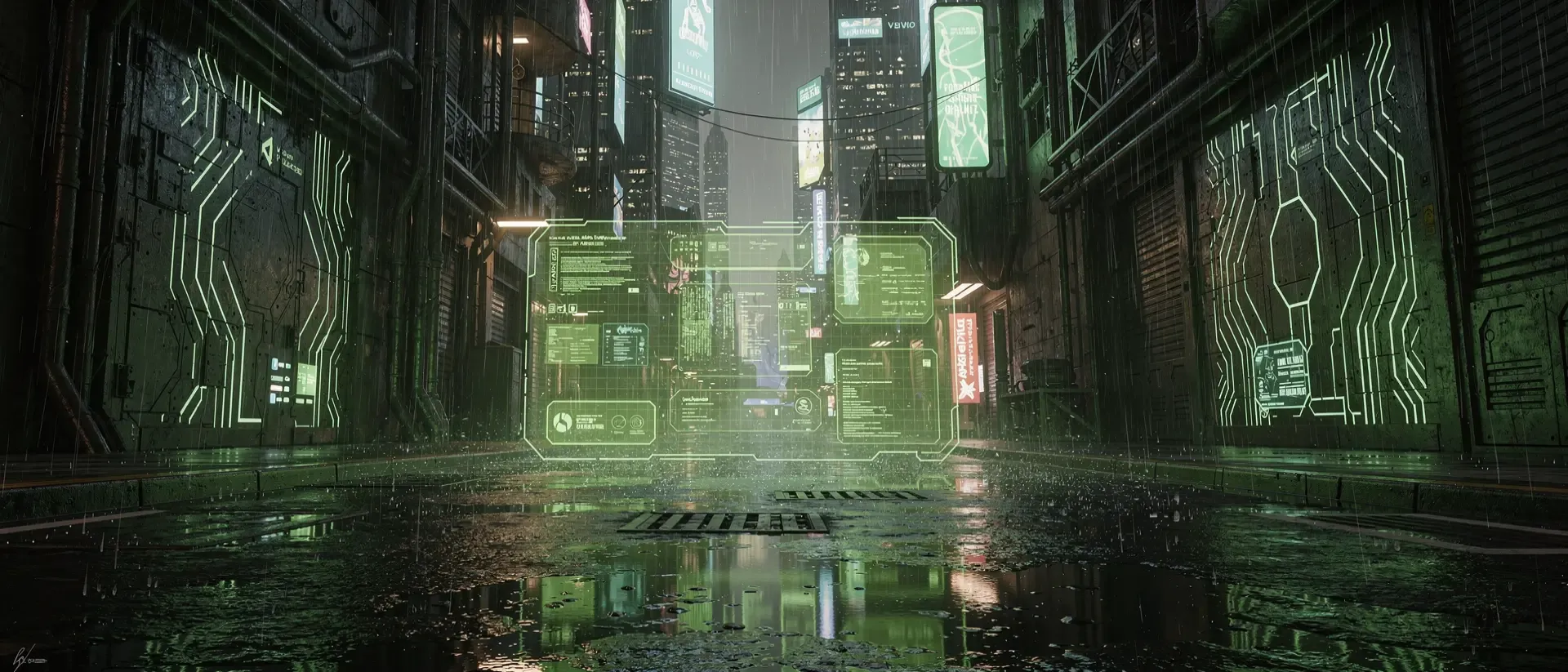 Glatte, regennasse Pavements in einer Cyberpunk-Gasse bei Nacht, beleuchtet durch ein schwebendes neongrünes Hologramm und reflektierende Lichter.