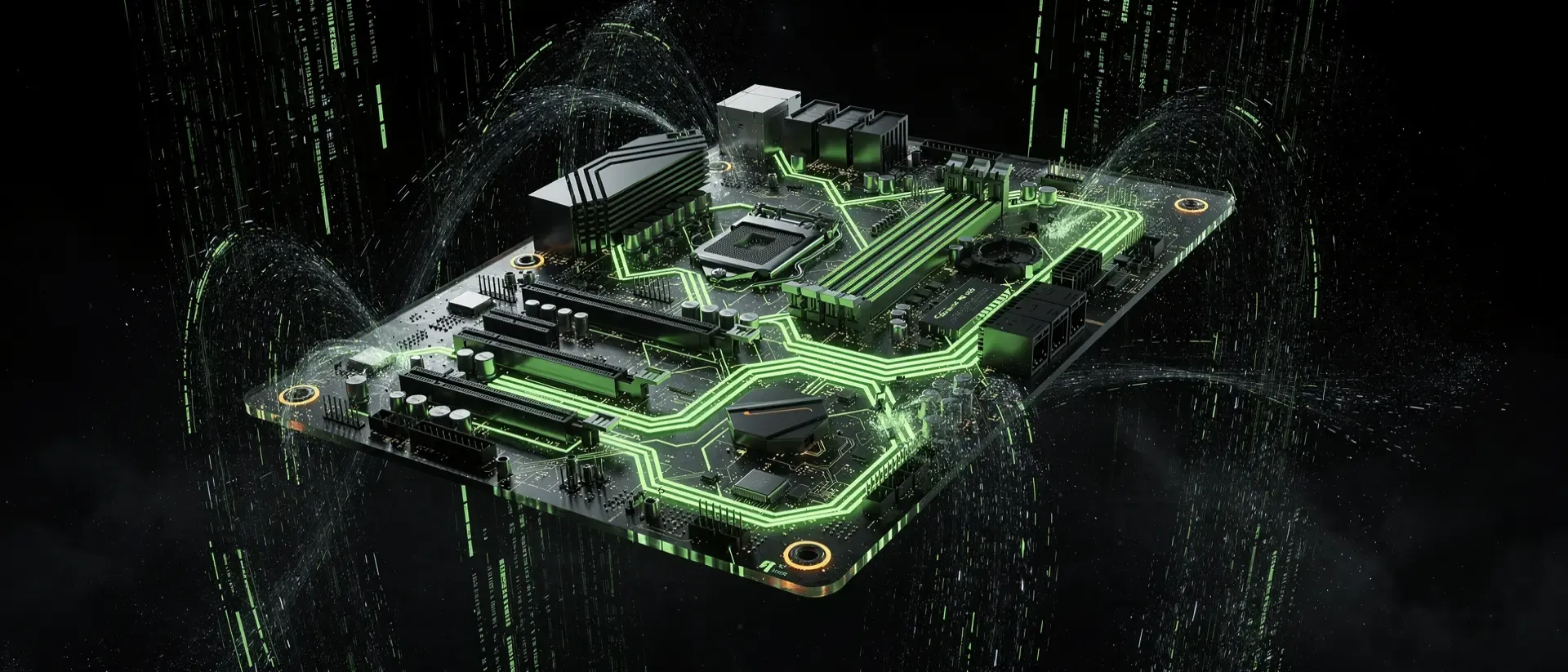 Ein futuristisches, transparentes Motherboard schwebt in einem dunklen Cyberpunk-Raum mit leuchtend neongrünen Schaltkreisen und holografischen Datenströmen.
