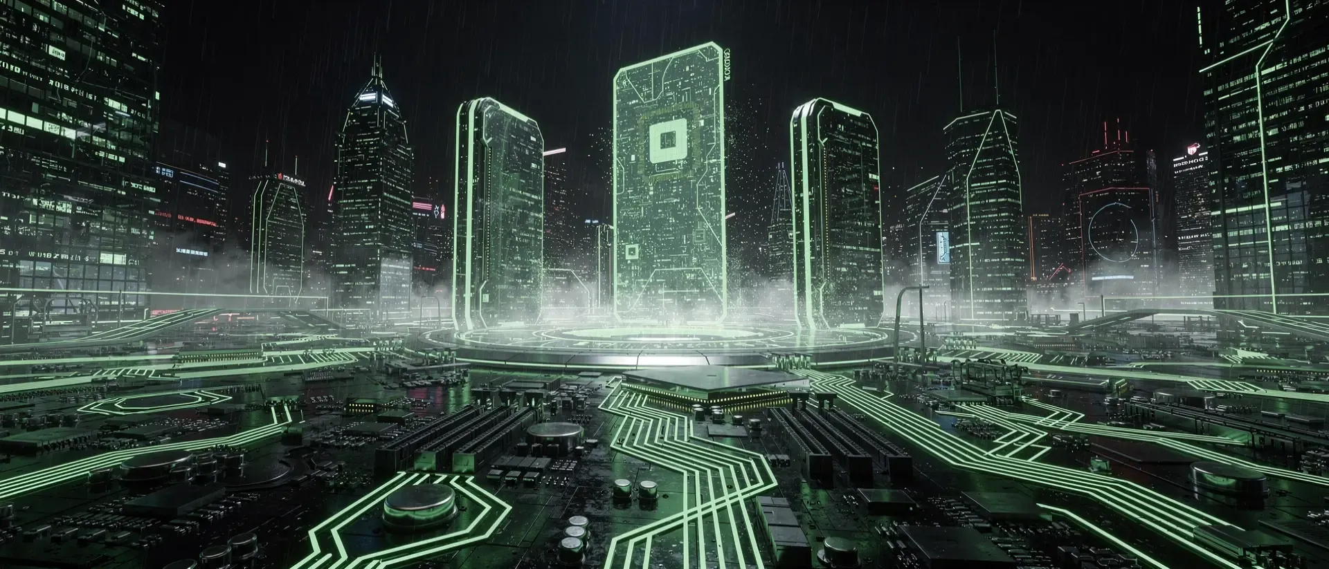 Eine futuristische Cyberpunk-Motherboard-Architektur als leuchtende Neon-Metropole mit grünen Schaltkreisen und holografischen CPU-Monolithen.