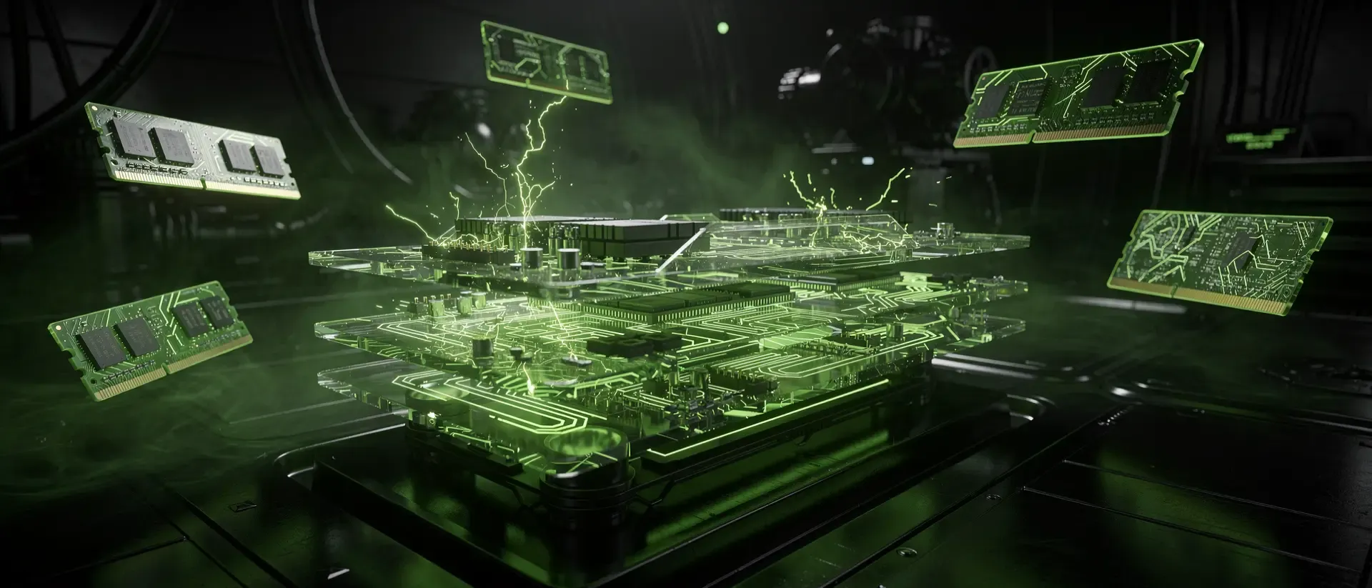 Cinematische Nahaufnahme eines futuristischen Cyberpunk-Motherboards mit leuchtend neongrünen Schaltkreisen und schwebenden holografischen RAM-Modulen.