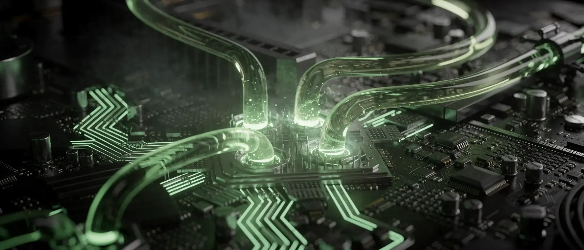 Makroaufnahme einer futuristischen Cyberpunk-Hardware mit leuchtend neongrünen Schaltkreisen, Flüssigkeitskühlung und dunklen Metalloberflächen.