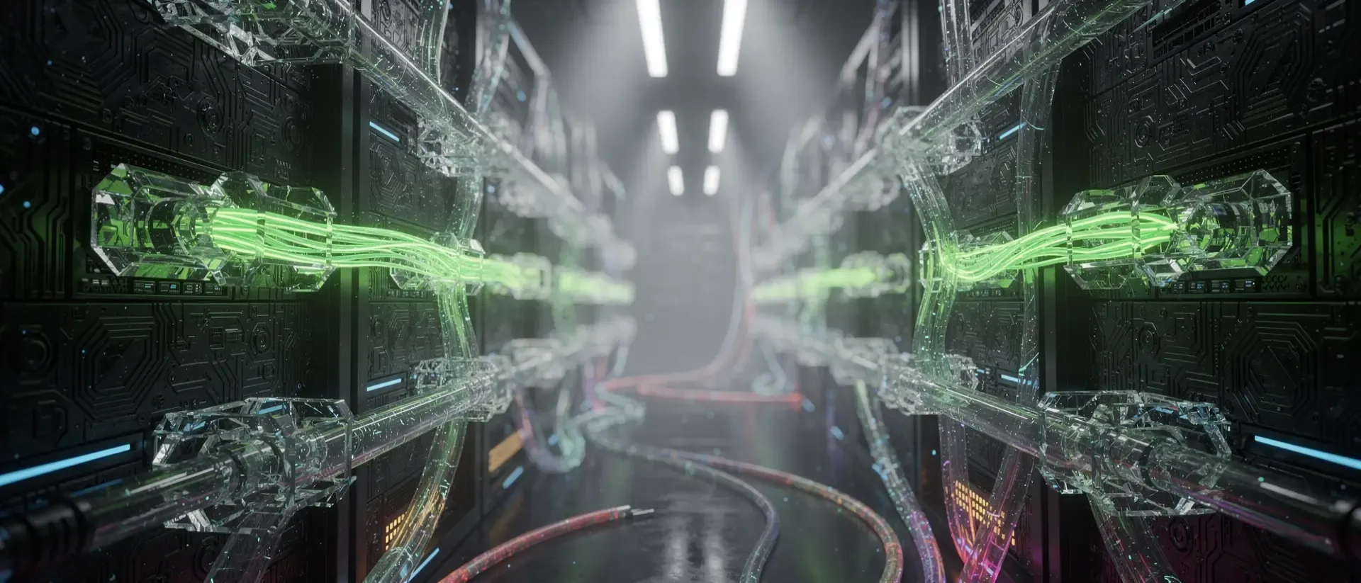 Futuristisches Cyberpunk-Rechenzentrum mit leuchtenden grünen Energieflüssen durch kristalline Leitungen und dunklen, metallischen Hardware-Komponenten.