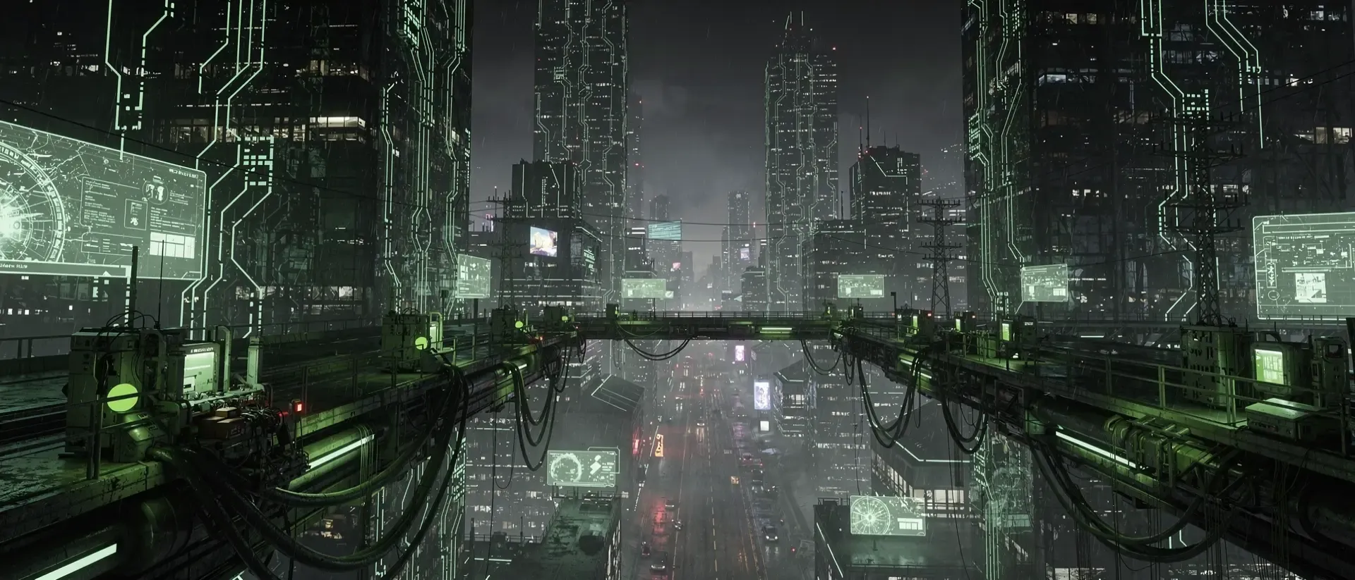 Makroaufnahme eines futuristischen Cyberpunk-Stromsteckers aus schwarzem Obsidian mit leuchtend neongrünen Energieimpulsen und komplexen Schaltkreisen.