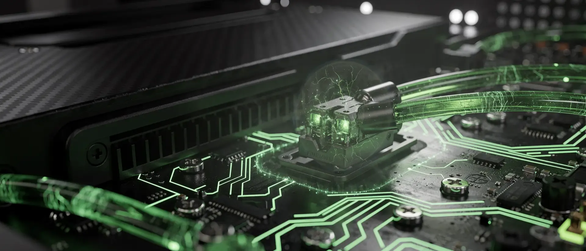 Mikroskopische Sicht im cyberpunk‑Computerchassis: Neon‑grüne Leitungen, leuchtende Kondensatoren, dunkles Obsidian‑Gehäuse, dramatisches Licht.