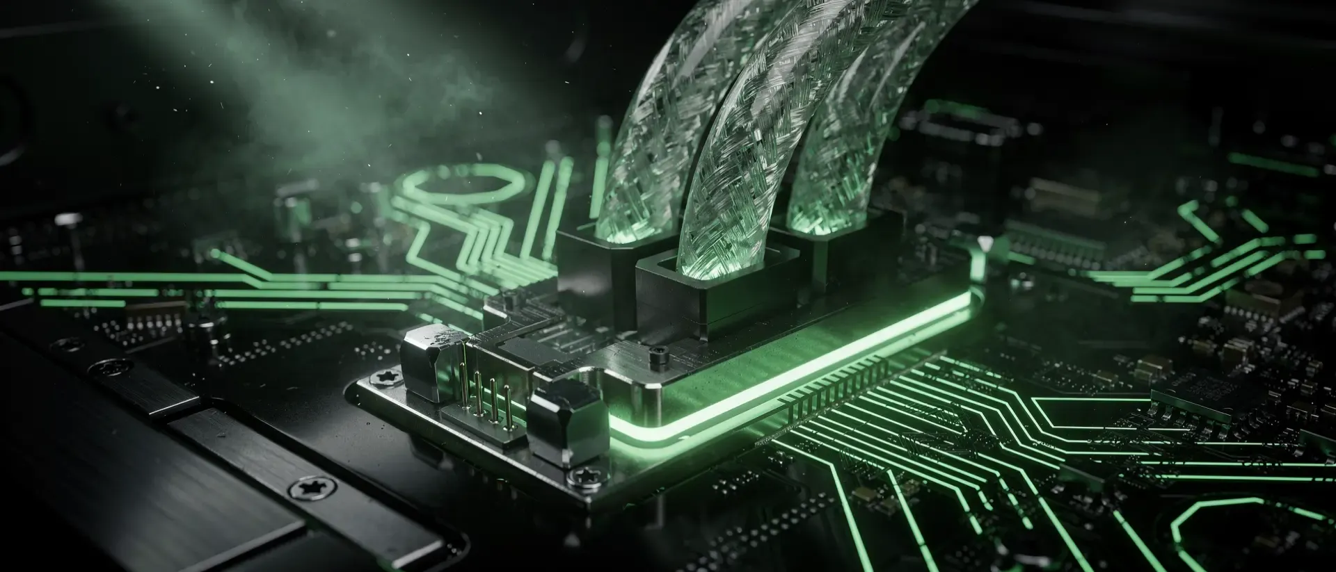 Extremer Nahaufnahme eines Hochtech‑Steckers, der präzise in einen GPU‑Stecker mit neongrünem Energiefluss steckt, atmosphärischer Nebel.