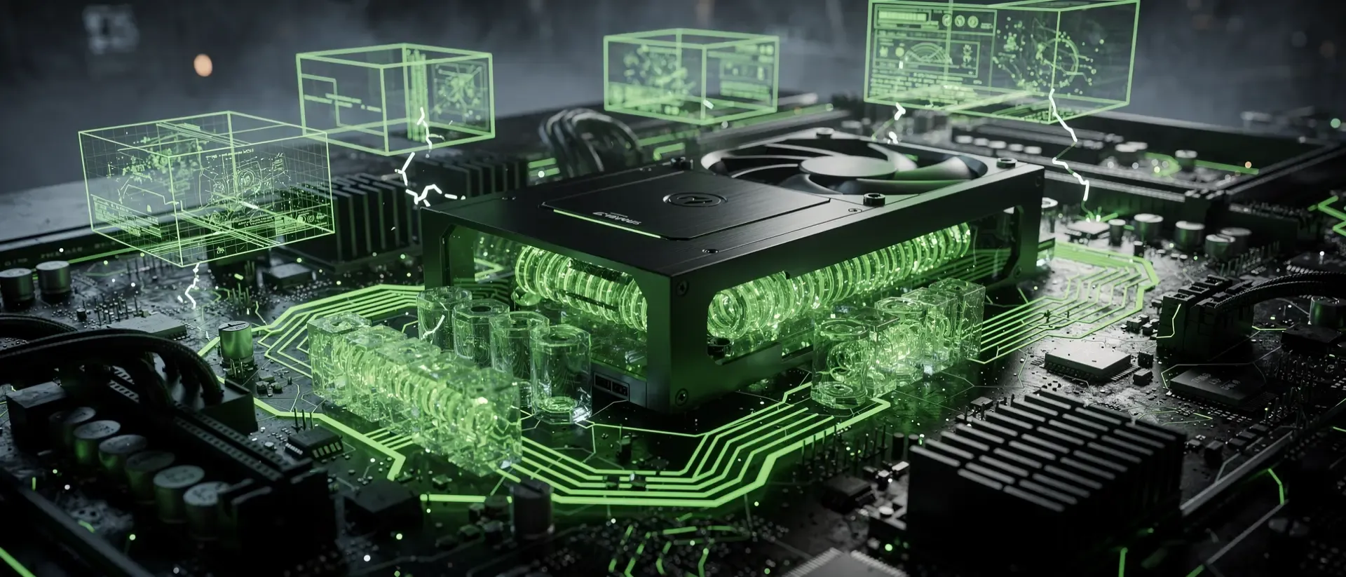 Extremer Nahaufnahmen einer futuristischen Cyberpunk-Hardware mit leuchtend neongrünen Schaltkreisen und holografischen Energieeffekten auf dunklem Metall.