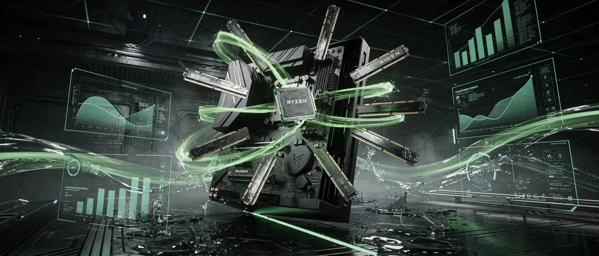 Hyperrealistische Cyberpunk-Visualisierung eines zerlegten futuristischen PCs mit leuchtenden grünen Schaltkreisen, Datenströmen und Hologrammen.