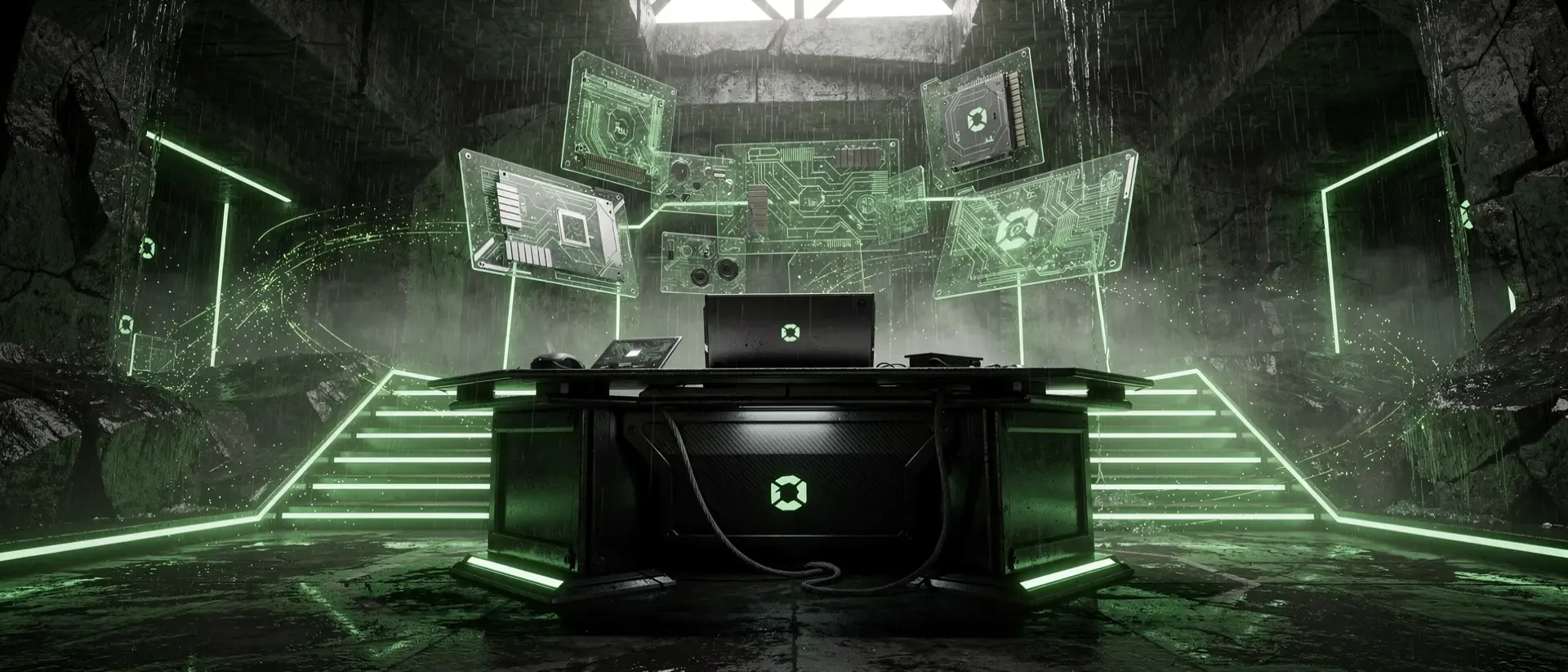 Ein futuristischer Cyber‑Punk‑Arbeitsplatz in einer dunklen, regennassen Unterwelt, mit schwebenden holografischen Bauteilen und neongrünen Lichtstreifen.